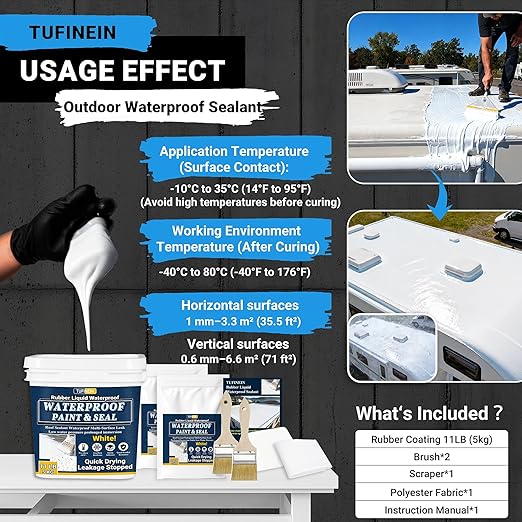 Rubber Liquid Waterproof Sealant, TUFINEIN 11 LB/5 KG White Quick Drying Multi Surface Foundation Leak Repair - Roof Gutters Basement Sealer Waterproof - Indoor & Outdoor Flexible Rubber Paint
