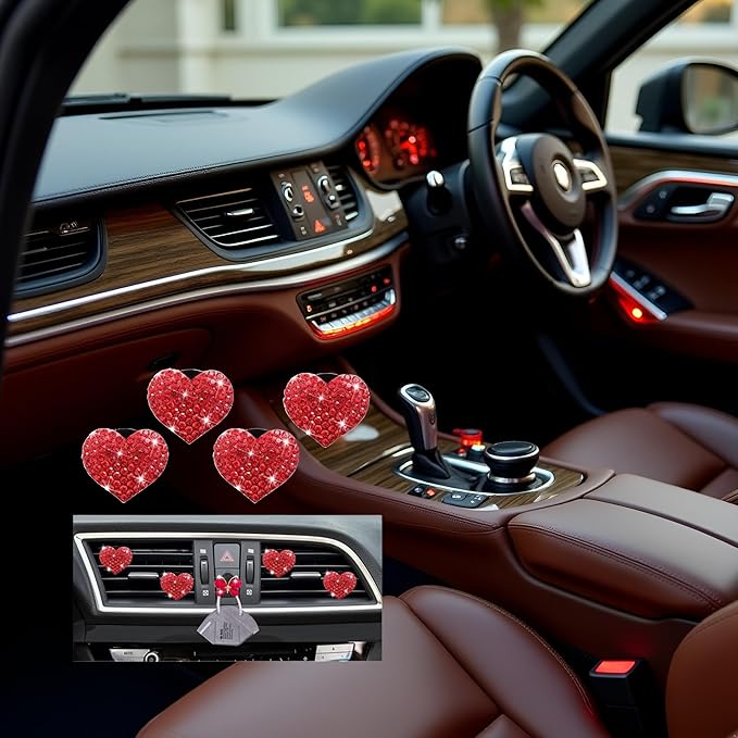 5 Pcs Bling Red Hearts Air Vent Clips, Heart Shape Crystal Car Air Vent Clip Charm Car Air Fresheners for Women Rhinestone Diffuser Vent Clip Cute Decor Bling Cars Accessories,Interior Accessories
