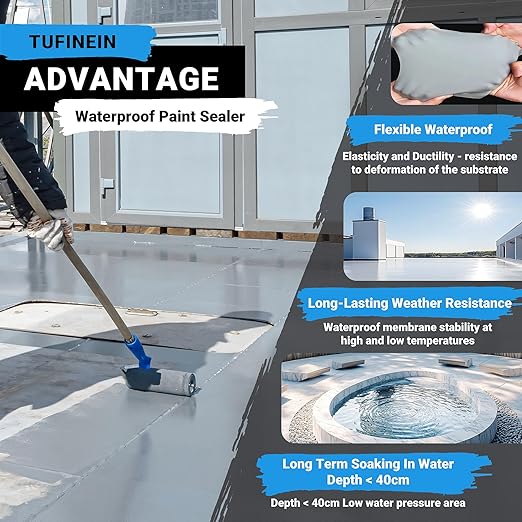 Rubber Liquid Waterproof Sealant, TUFINEIN 53oz/1.5kg Neutral Gray Quick Drying Multi Surface Foundation Leak Repair - Roof Gutters Basement Sealer Waterproof - Indoor & Outdoor Flexible Rubber Paint