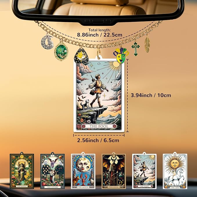 Tarot Card Car Air Freshener Rear View Mirror Accessories, 6 Pcs Boho Witchy Hanging Ornament with Charm Chain, The Sun Moon Aesthetic Car Decor, Scented Paper Diffuser Set for Women Men