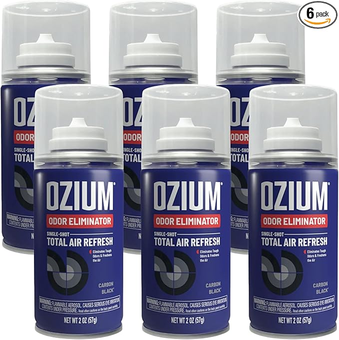 Ozium Air Sanitizer, 2 oz Car Fogger: Single-Shot Smoke Odor Eliminator & Car Air Freshener (Carbon Black, 6 Packs)