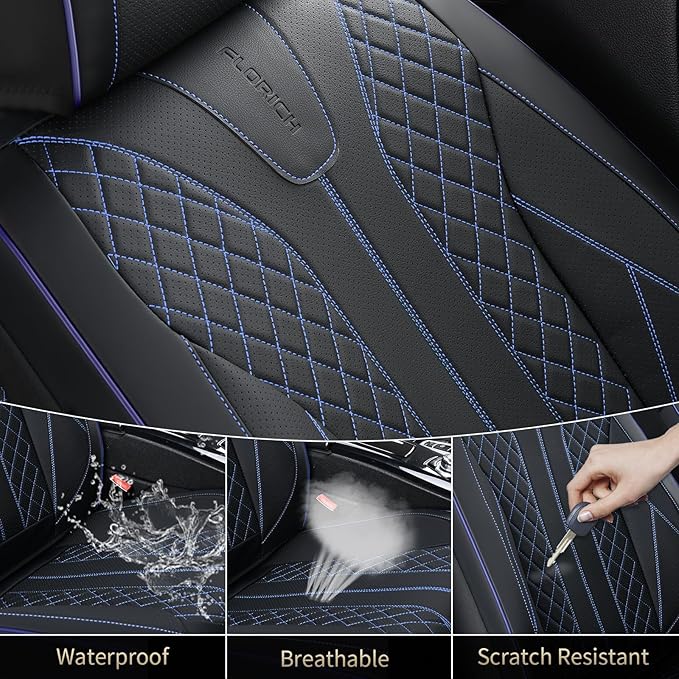 FLORICH Leather Seat Covers for Cars, Car Seat Cover Full Set Luxury Faux Leather Waterproof Seat Cover Full Coverage Seat Protector Universal Fit for Most Cars SUV Trucks, Black&Blue Line