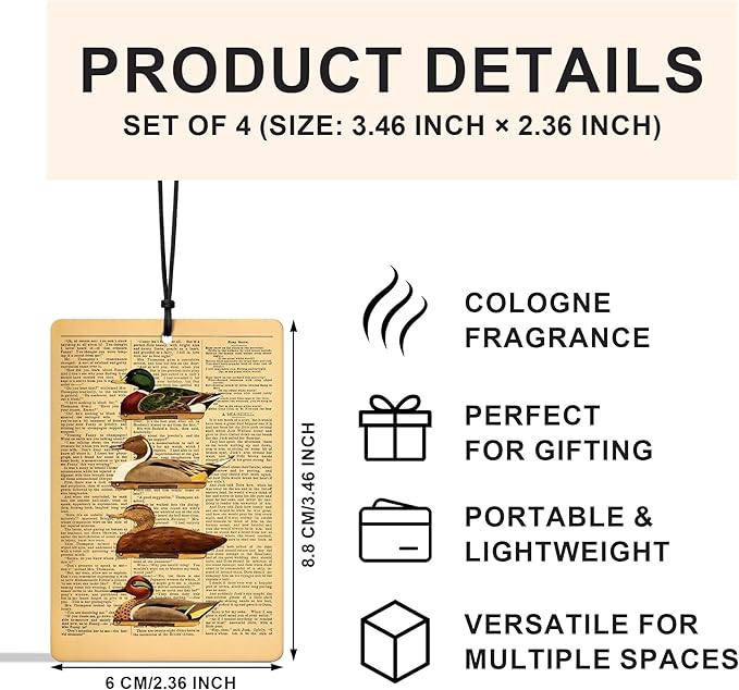 Vintage Mallard Duck Car Air Freshener 4 Pcs, Rustic Farmhouse Farm Animal Air Freshener Hanging for Cars Books Closet Drawer, Mallard Duck Lover Gifts Car Accessories for Women Men（02）