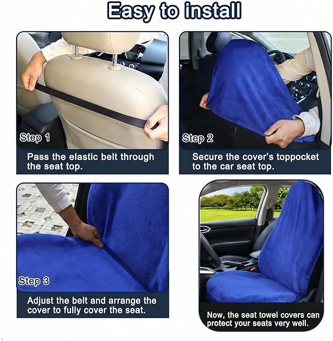Car Seat Towel Cover, 2pcs Universal Front Seat Protector for Cars, SUVs and Trucks, Sweat Towel Car Seat Cover for Gym, Yoga, Swimming, Pets and Family Travel, Blue