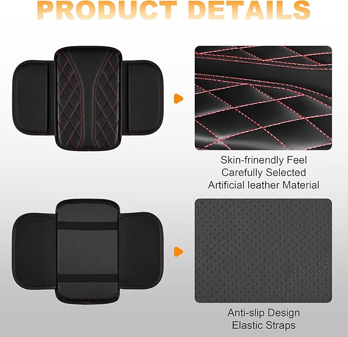 Car Center Console Cover Fit for Jeep Grand Cherokee - Leather Armrest Covers with 2 Storage Pockets(Black&Red)
