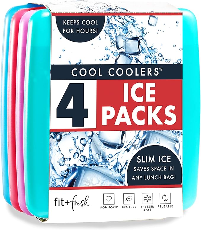 Cool Coolers by Fit & Fresh Slim Ice Packs,Quick Freeze Space Saving Reusable Ice Packs for Lunch Boxes or Coolers,Multi Colored,(Pack of 48)
