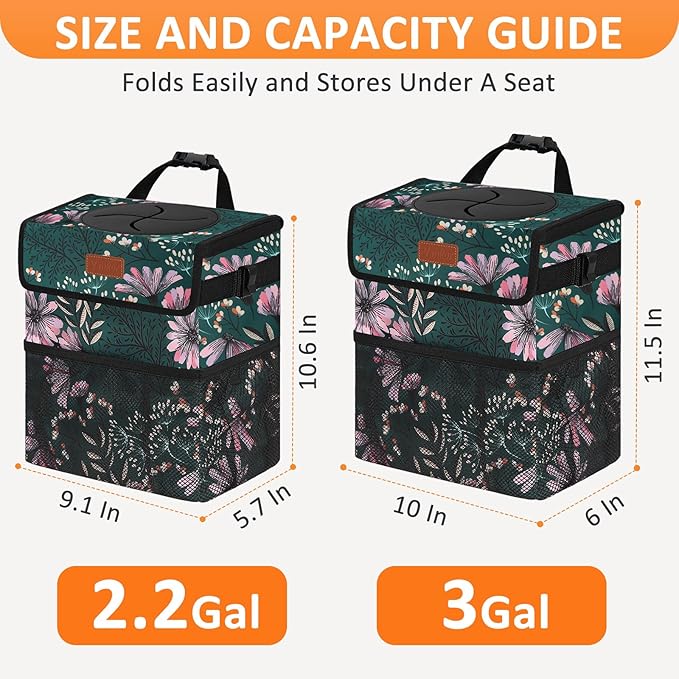 3 Gallons Car Trash Can with Lid, Car Trash Bag Bin Hanging Waterproof Automotive Garbage Cans Leak Proof Vehicle Trash Can Navy Floral