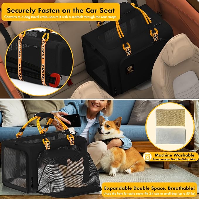 PAWZIDEA Large Pet Carrier Expandable, 24"×16"×16" Soft-Sided Cat Carrier for 2–4 Cats up 55lb, Portable & Collapsible Small Medium Dog Travel Crate for Car, XL Storage Pocket, ID Card, Shoulder Strap