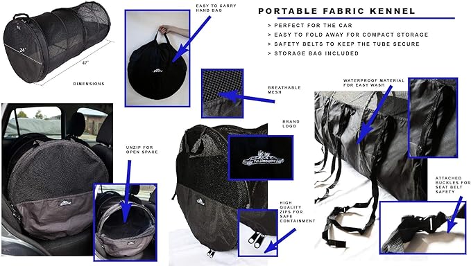 Pet Tube Soft Car Crate Large Kennel The Safe Dog and Cat Travel Mobile Home Pet Limo with Seat Belts and Storage Bag 47Lx24H Grey Color