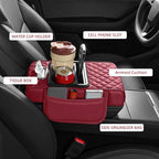 5 in 1 Car Center Console Cover, Armrest Pad with 2 Storage Pockets, Cup Holder, Tissue Box Slot, Phone Holder, Universal Car Interior Organizer (Burgundy)