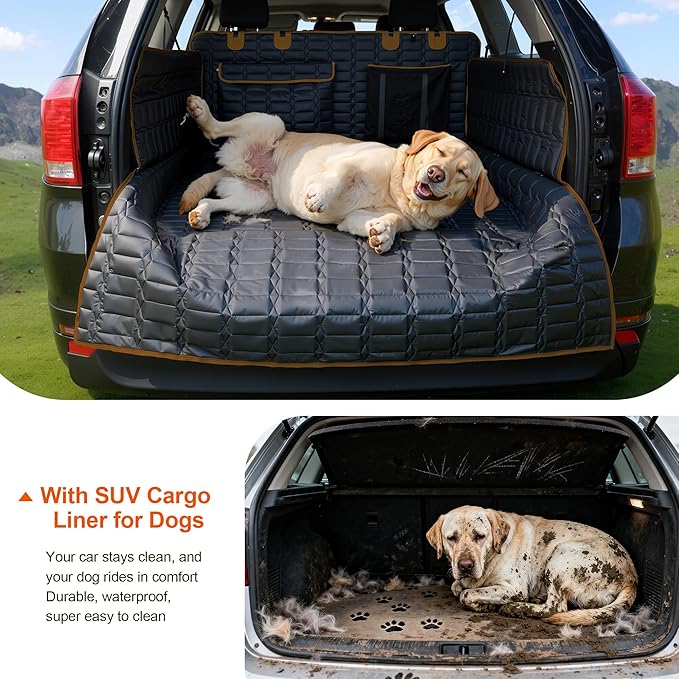 SUV Cargo Liner for Dogs, Waterproof Pet Cargo Cover Dog Seat Cover for SUVs Sedans Vans with Bumper Flap Protector, Scrachproof Non-Slip Large Size Dog Seat Mat Universal Fit (Brown)