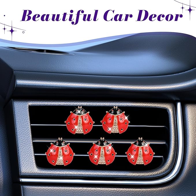 5PCS Ladybug Car Decor, Bling Lady Bug Air Freshener Vent ClipsCar Accessories Decoration for ，Reusable Essential Oil Diffuser, Universal for Most Cars (Red)