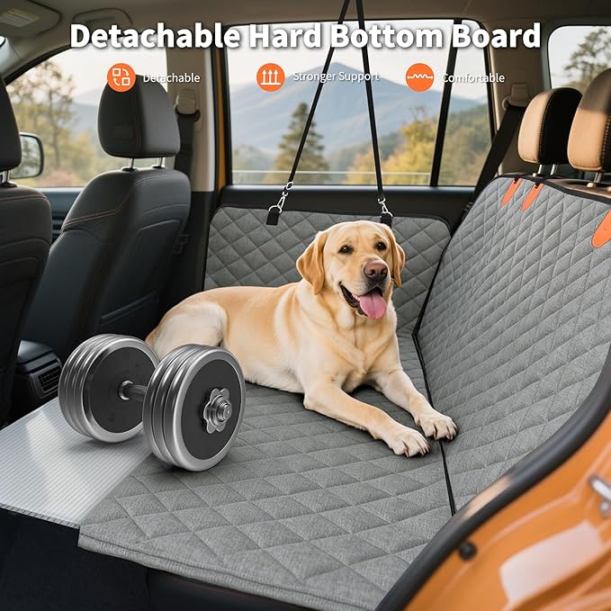 HOTEAGLE Car seat Cover for 2 Dogs, 100% Waterproof Scratch Proof Nonslip Dog car seat Cover for Back seat, Dog Hammock for car Hard Bottom Holds 400lbs, Standard（ Grey）