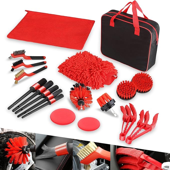 Auto Dynasty 19 Pieces Car Detailing Kit Wash Cleaning Tool Kit and Detailing Brush Set with Carry Bag Universal For Interior, Exterior, Wheels and Air Vent, Red