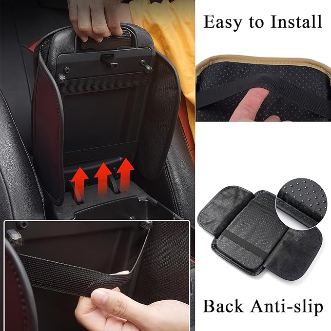 Car Center Console Cove, Leather Armrest Cover Cushion, 2 Storage Bags, Armrest Seat Box Pad, Car Interior Accessories Protector for Most Vehicle (Light Brown)