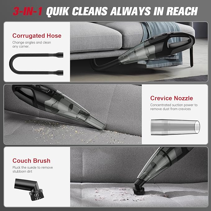 Handheld Vacuum Cordless Rechargeable 3-in-1, Car Vacuum Portable Cordless with USB Charge, Handheld Vacuum with LED Light, HEPA Filter, 1.65LBs Lightweight Vacuum Cleaner for Dust, Pet Hair