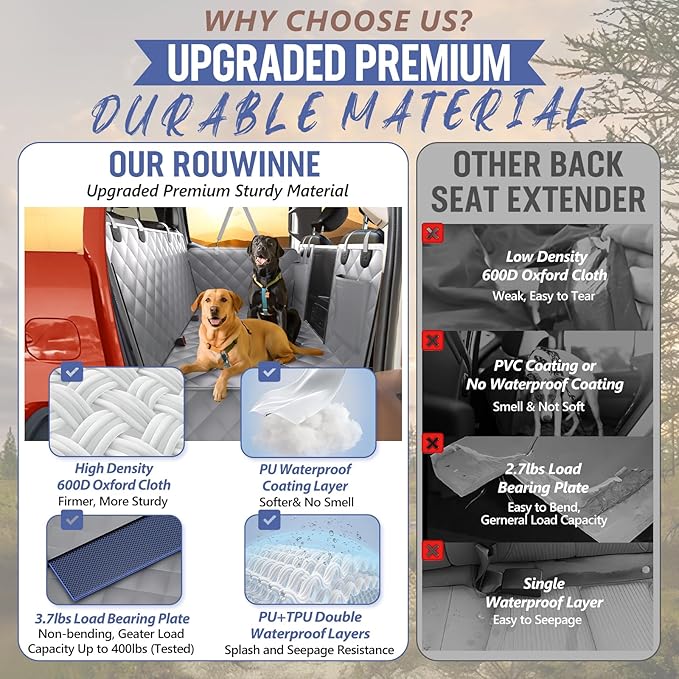 Back Seat Extender for Dogs Truck-Large Space, Dog Pet Seat Cover Back Seat Hard Bottom Holds 420lbs, Waterproof Dog Hammock for Crew Cab Trucks F150, RAM1500, Sierra, Tundra, Silverado, Grey
