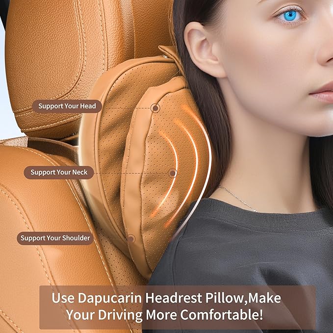 Car Headrest Pillow for Driving, Dual-Sided Leather Design Neck Pillow, Breathable Softness Neck Support, Universal Fit Head Rest Travel Pillow, Palomino Brown, 1 Pack