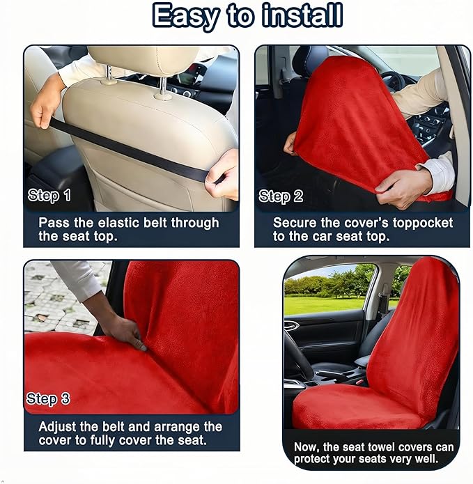 Car Seat Towel Cover, Universal Front Seat Protector for Cars, SUVs and Trucks, Sweat Towel Car Seat Cover for Gym, Yoga, Swimming, Pets and Family Travel, Haute Red, 2 Pack