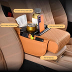 Car Center Console Armrest Pillow, Memory Foam Leather 4 in 1 Vehicle Arm Rest Cover with Tissue Box 2 Side Storage Bag Cup & Phone Holder, Auto Armrest Cushion, Universal Fit (Brown)