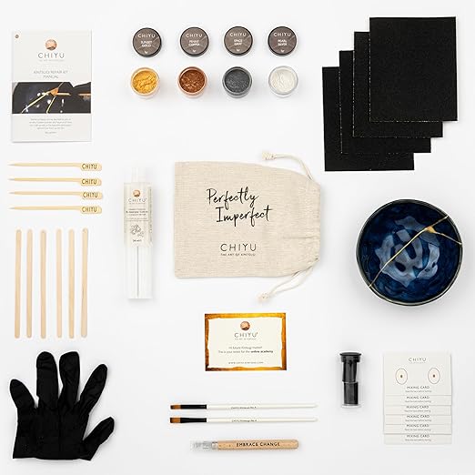 CHIYU Bio Kintsugi Repair kit: Deluxe Box - Gold, Silver, Copper - Bio Based - Gold Glue - Food Safe - The Most Complete and Durable Kintsugi kit