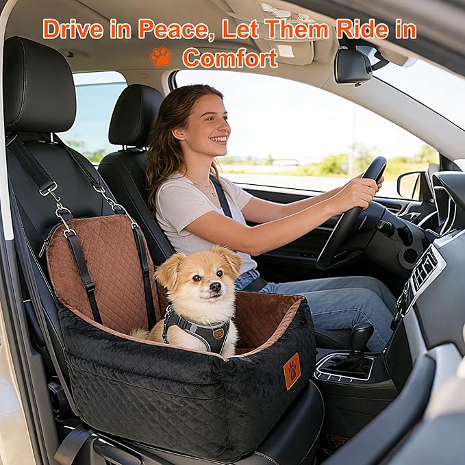 Small Dog Car Seat for Small Dogs Under 30 lbs, Memory Foam Pet Car Seat with Washable Cover, Safety Belts & Side Storage Pockets, Portable Travel Bed for SUV/Sedan (Black/Brown)