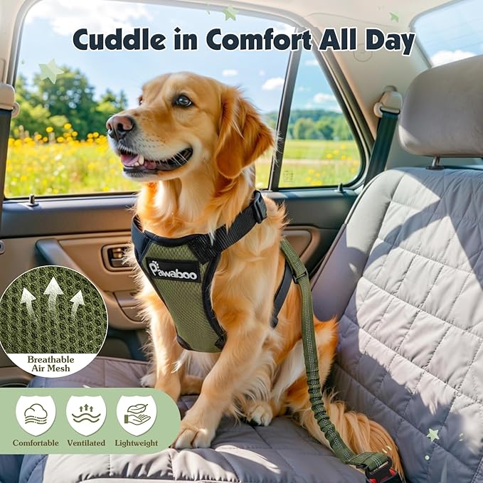 Pawaboo Dog Seat Belt Harness for Car, Dog Car Harness Seatbelt with Double Clips, Adjustable Breathable Pet Vest & Dogs Safety Tether with Elastic Bungee for Small Medium Large Pet, S, Green + Black
