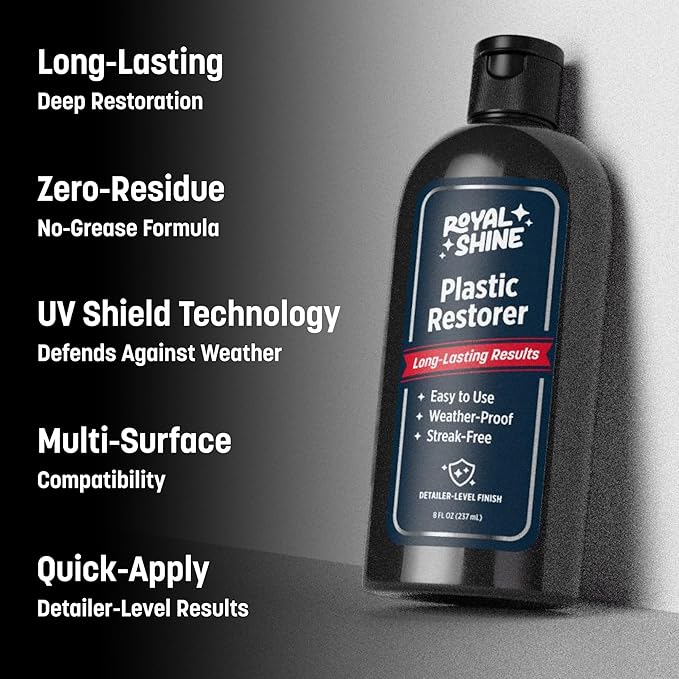Plastic Restorer for Long-Lasting, Deep Black Results – Restores Faded Plastic, Rubber & Vinyl with UV Protection, Non-Greasy Formula + Foam Applicator, 8oz