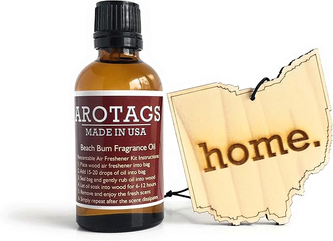 Arotags Ohio Wooden Car Air Freshener - Long Lasting Beach Bum Scent Diffuses for 365+ Days - Includes Hanging Mirror Diffuser and Fragrance Oil - 100% American Made