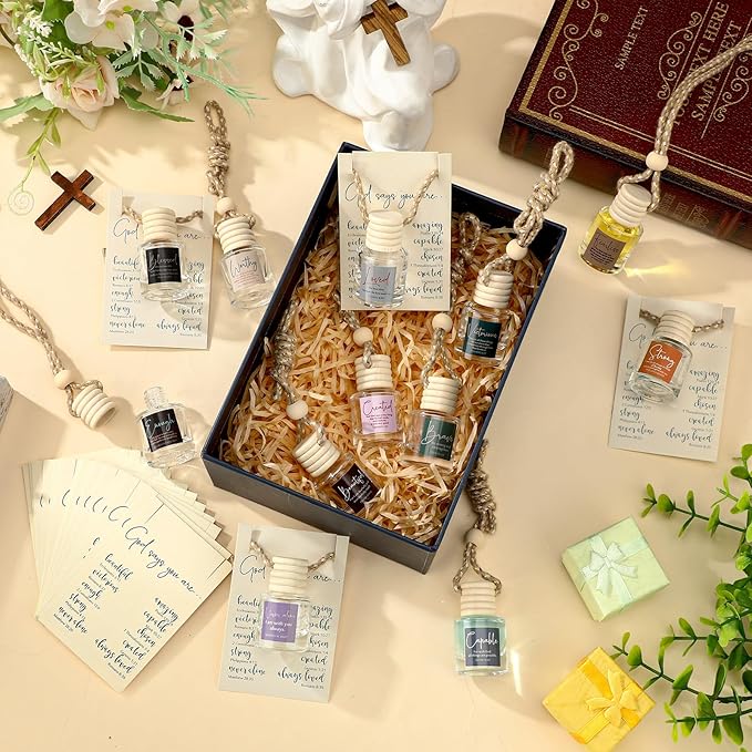 Maxdot 24 Set Christian Easter Gift Bulk Church Empty Hanging Car Air Freshener Diffuser Bottles 8ml for Essential Oils Religious Biblical Gifts for Women Men Employee Church Members