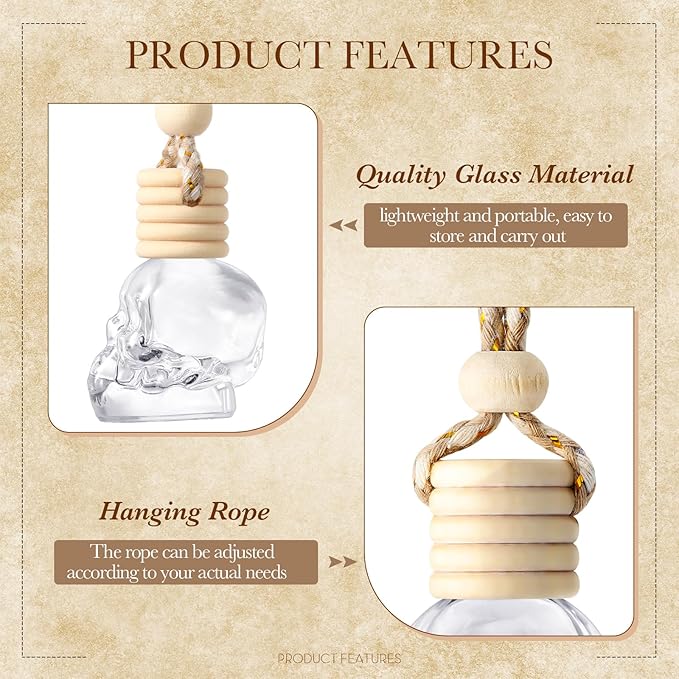 BBTO 50 Pcs Hanging Car Air Freshener Car Diffuser Bottles Empty Glass Perfume Bottle Freshener Diffuser Bottle Pendant for Essential Oil Fragrance Aromatherapy Bottle Ornament(Skull)