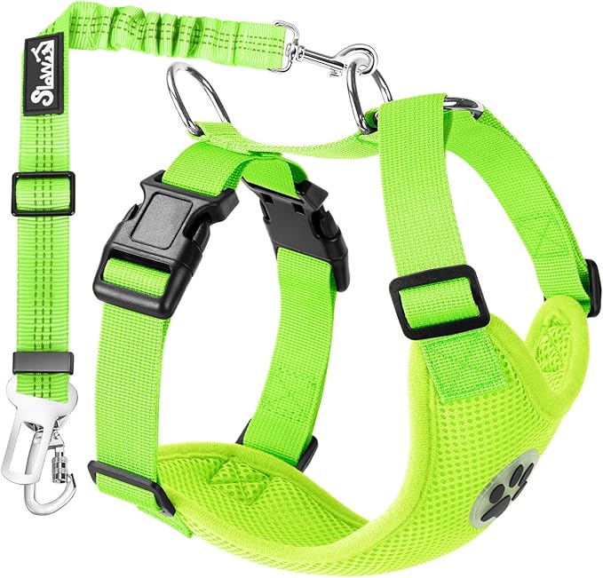 Lukovee Dog Seat Belt for Car, Adjustable Dog Car Harness for Large Medium Small Dogs, Soft Padded & Breathable Mesh Dog Seatbelt with Car Strap and Carabiner (Lime Green,L)