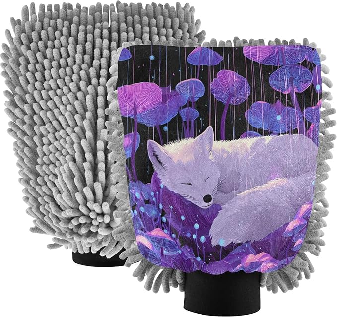 Emelivor Sleeping Fox Mushroom Fall Violet Car Wash Mitt Microfiber Cleaning Gloves Scrub Mitts Brush Scratch Free for Car Cleaning Supplies 2-Pack