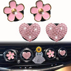4 Pcs Pink Heart & Flower Pandent Air Vent Clips,Bling Heart and Flower Air Fresheners Vents Clips Diamond Car Interior Decor Bling Cute Car Accessories Decoration for Women+ Sunflower Mask Hook