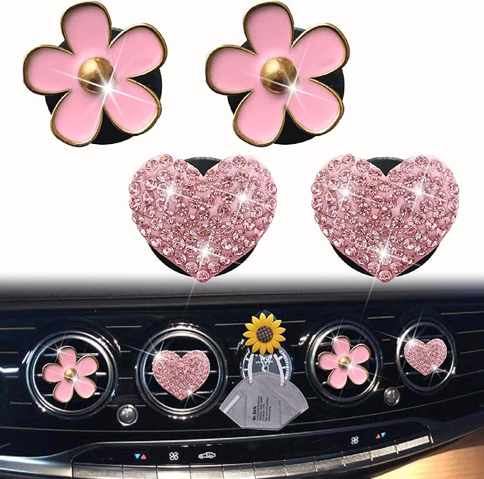 4 Pcs Pink Heart & Flower Pandent Air Vent Clips,Bling Heart and Flower Air Fresheners Vents Clips Diamond Car Interior Decor Bling Cute Car Accessories Decoration for Women+ Sunflower Mask Hook