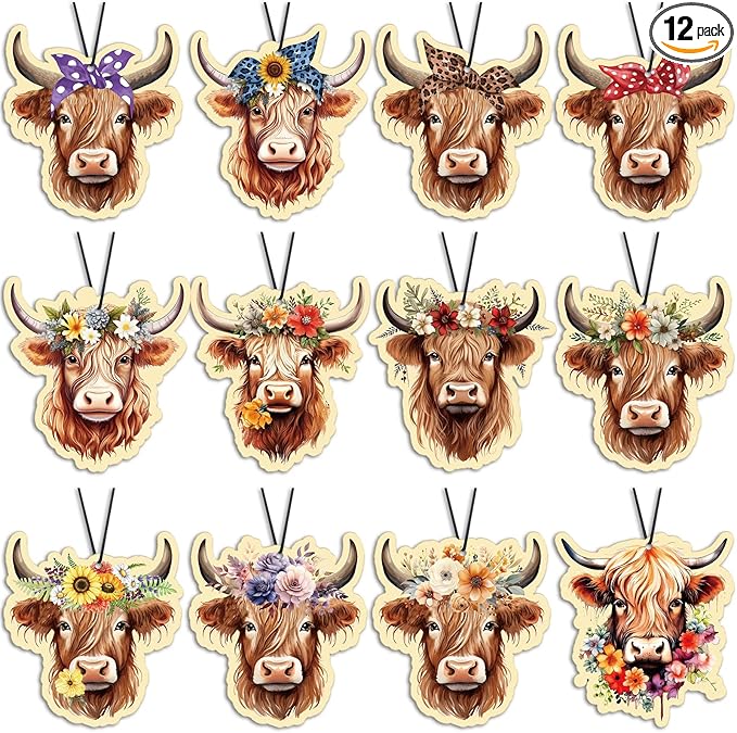 12 Pcs Highland Cow Air Fresheners Cute Cow Car Accessories Gifts Car Fresheners for Women Hanging Ornament for Vehicles Home Decorations Party Supplies