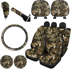 FKELYI Camo Car Seat Covers Full Set with Steering Wheel, Headrest, Gear Shift, Handbrake Covers and Cup Coasters - Withered Leaves Branches Camo Pattern