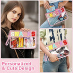 Snack Bag for Travel - Clear Chenille Varsity Letter Flat Pouch with Zipper, 12.2×8.46 inch Waterproof Clear Nylon Preppy Patch Makeup Cosmetic tote Bags for Women Girls