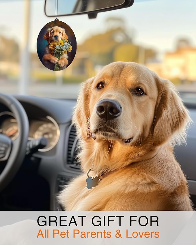 Golden Retriever - Dog Car Air Freshener - Cute Hanging Dog with Flowers Decor New Car Scent, Infusible with Your Own Scent, Pet Safe, Non-Toxic, Freshener for Car, Closet, Office Size - 3x4"