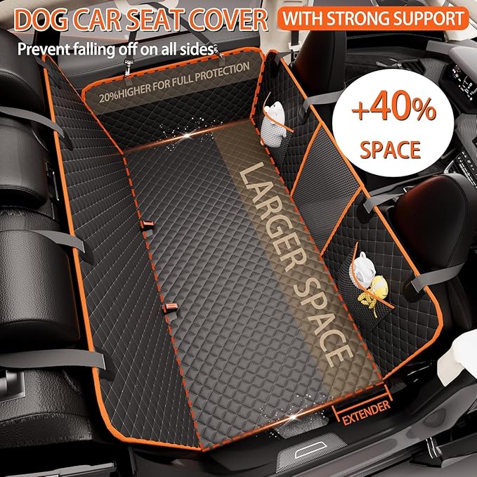 Back Seat Extender for Dogs - Large Space, Heavy-Duty Dog Car Seat Cover for Back Seat with Hard Bottom Holds 420lbs, Waterproof 600D Upgraded Material Dog Hammock for Car,Easy to Use and Clean(black)