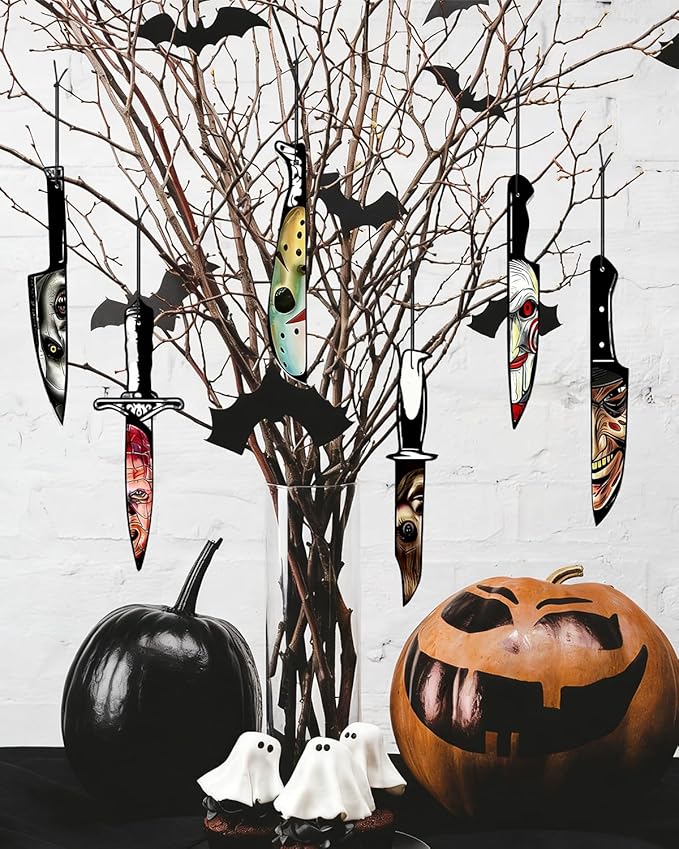 Car Air Freshener Hanging, 6Pcs Horror Knife Halloween Tree Decorations, Horror Movie Gifts, Halloween Air Freshener Car Decor, Scented Rearview Mirror Pendant, Halloween Gifts for Men Women