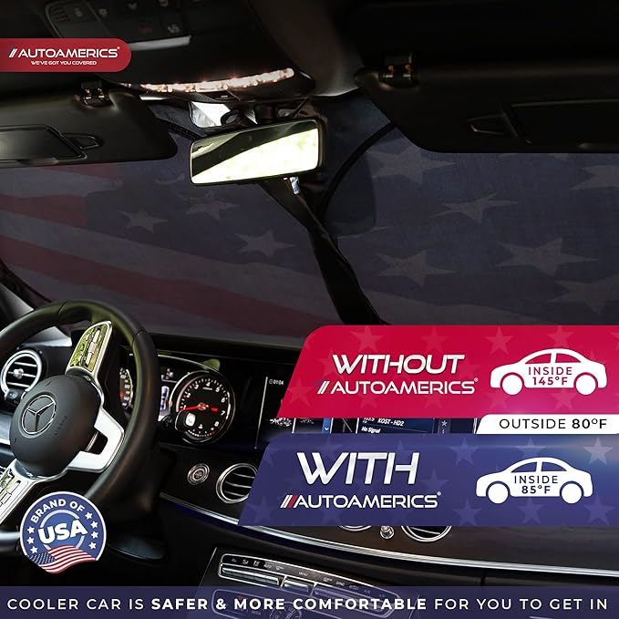 Autoamerics 1-Piece Windshield Sun Shade Grunge American Flag - 4 USA Design - Foldable Car Front Window Sunshade for Most Sedans SUV Truck - Blocks Max UV Rays and Keeps Your Vehicle Cool - Medium