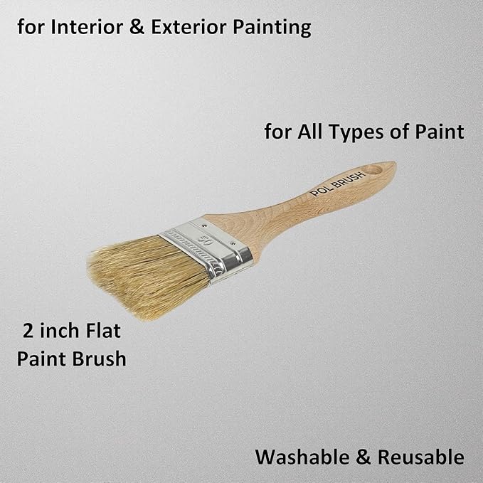 2 Inch Flat Paint Brush - High European Quality - Natural Bristles - for Home, Wood, Walls, Art, Trim & Furniture - for Acrylic, Oil, Stain, Chalk & Latex Paints