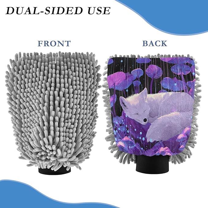Emelivor Sleeping Fox Mushroom Fall Violet Car Wash Mitt Microfiber Cleaning Gloves Scrub Mitts Brush Scratch Free for Car Cleaning Supplies 2-Pack