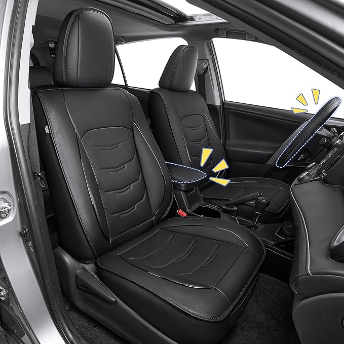 1:1 Custom Car Seat Covers Fit for Toyota RAV4 2013 2014 2015 2016 2017 2018 XLE LE Limited Adventure Full Set Faux Leather Seat Protectors with Armrest Covers and Steering Wheel Cover (5-Seat, Black)