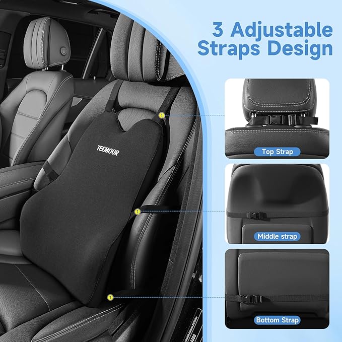 Teemour Lumbar Support Pillow for Car Truck Accessories Memory Foam Back Cushion for Driving Seat Lower Back Support, Lumbar Comfort for Long Drivvers Back Pain Relief, with Three Adjustable Straps