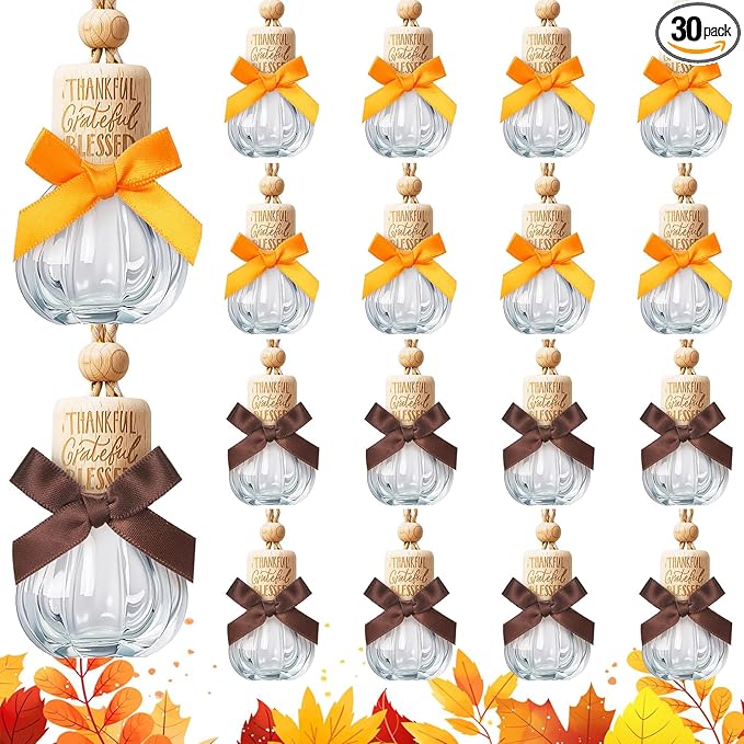 30 Pcs 30 Pcs Winter Car Diffuser Bottles Snowman Pumpkin Car Diffuser Winter Fall Hanging Empty Vehicle Air Freshener with Bow for Holiday Party Gift (Pumpkin)
