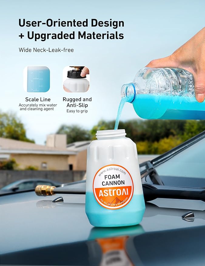 AstroAI Foam Cannon, Heavy Duty Car Foam Blaster Wide Neck Adjustable Snow Foam Lance and Thick Foam for Pressure Washer with 1/4" Quick Connector,1L Bottle