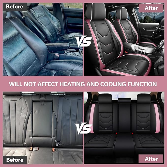 otoez Car Seat Covers Full Set, 5 Seat Pink Leather Seat Cover for Car, Waterproof Automotive Front and Back Seat Protectors for Most Sedens Trucks SUVs, Black & Pink