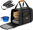 Morpilot Pet Carrier for Large Cats, Small Dogs & Puppies Up to 25lbs, Escape-Proof with Locking Zippers, Dual-Sided Cushion, Safety Buckle for Car & Vet Travel, Includes Foldable Bowl (Dark Gray)